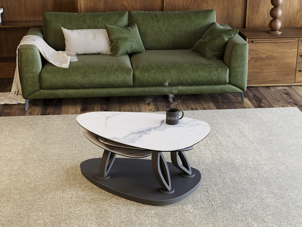 
Ausziehbarer, flexibler Design Keramik Couchtisch „Magnolias“ - Keramik Marmoroptik Weiss / Ohne Rollen