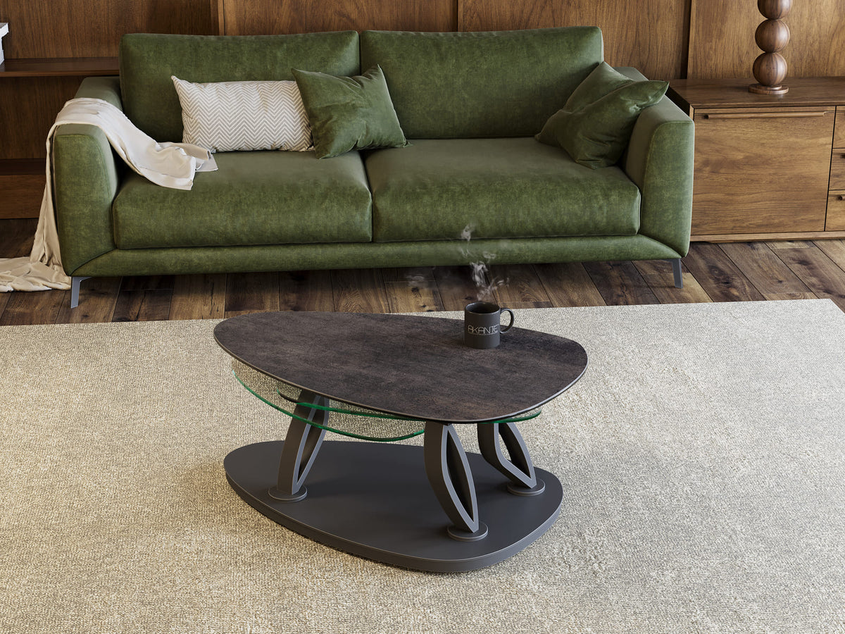 
Ausziehbarer, flexibler Design Keramik Couchtisch „Magnolias“ - Rostbraun/Transparent / Ohne Rollen