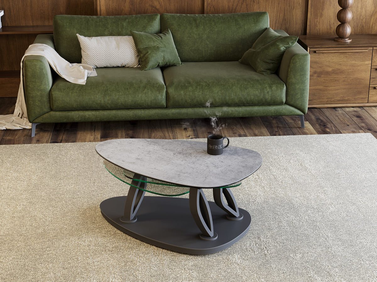 
Ausziehbarer, flexibler Design Keramik Couchtisch „Magnolias“ - Silver/Transparent / Ohne Rollen