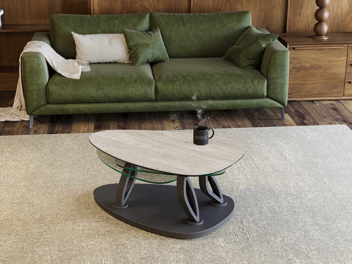 
Ausziehbarer, flexibler Design Keramik Couchtisch „Magnolias“ - Travertin/Transparent / Ohne Rollen