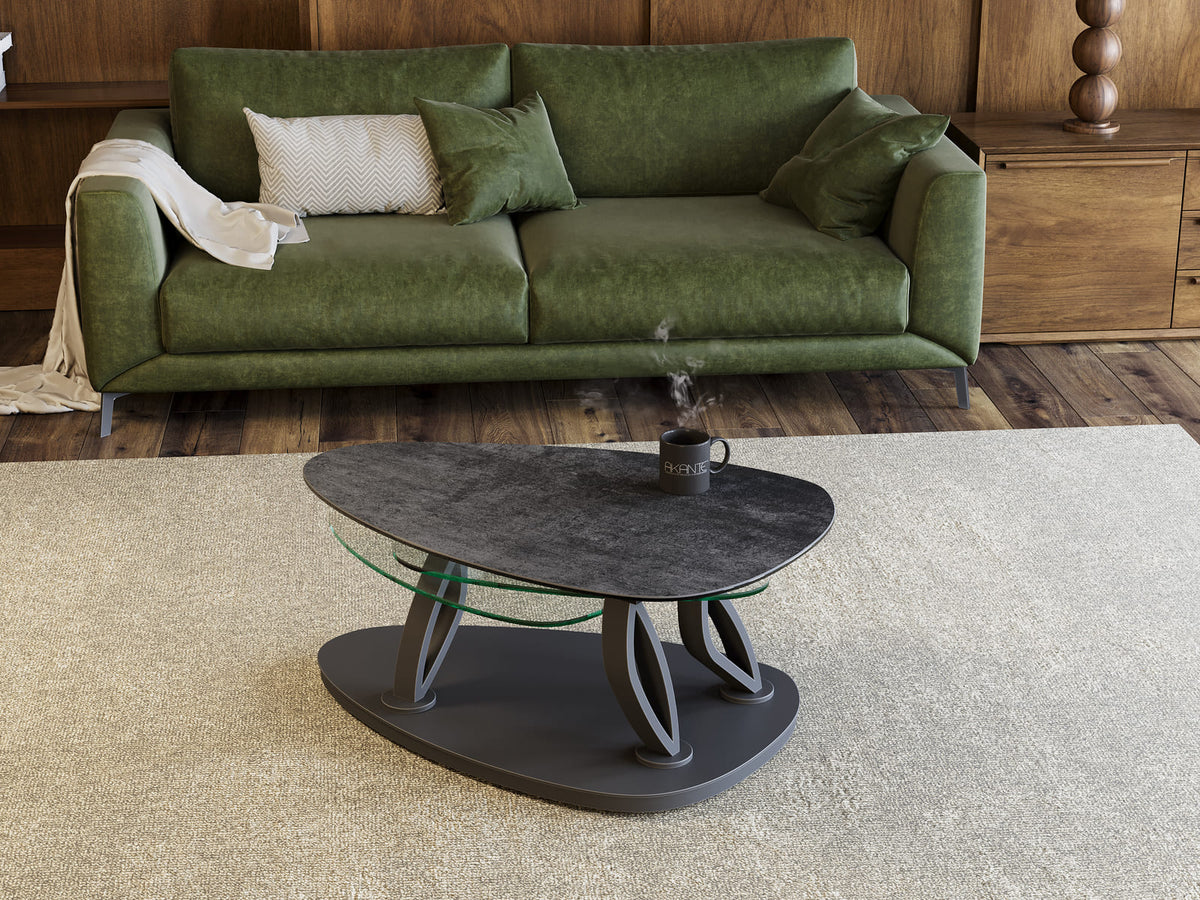 
Ausziehbarer, flexibler Design Keramik Couchtisch „Magnolias“ - Titan/Transparent / Ohne Rollen