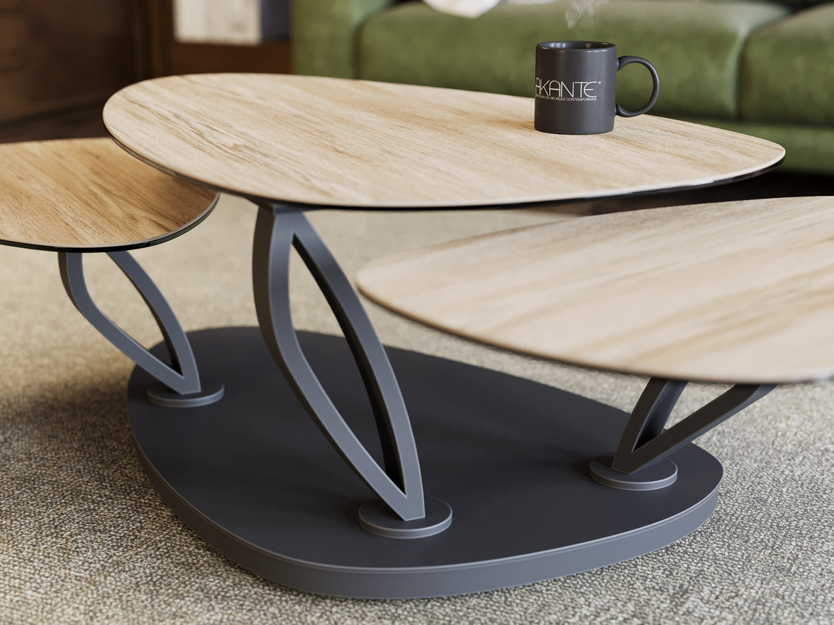 
Table basse modulable en céramique design "Magnolias" - Chêne clair céramique / Avec des roulettes