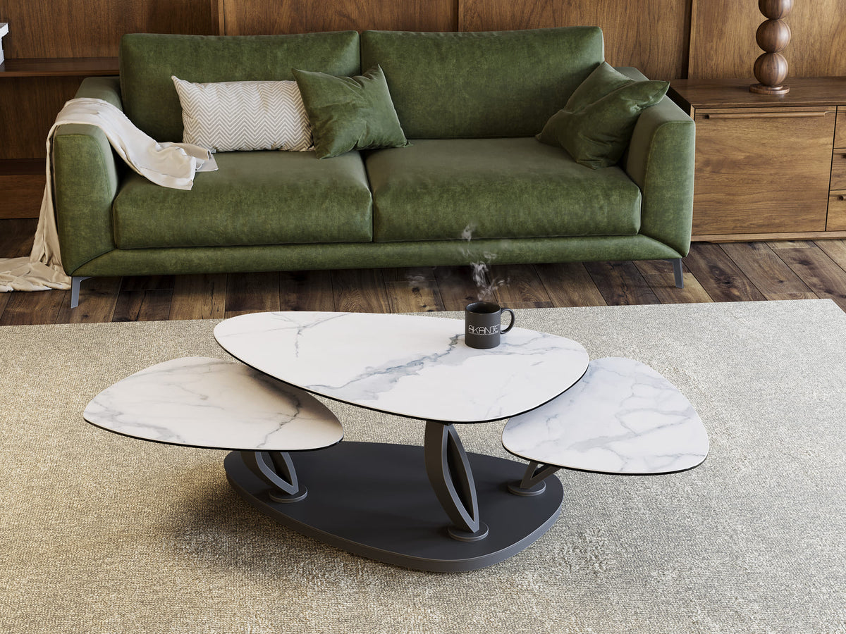 
Extendable, flexible design ceramic coffee table "Magnolias" - Ceramic Marble Look White / With wheels
