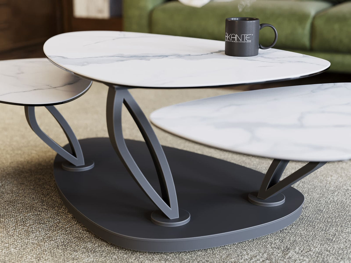 
Extendable, flexible design ceramic coffee table "Magnolias" - Ceramic Marble Look White / With wheels