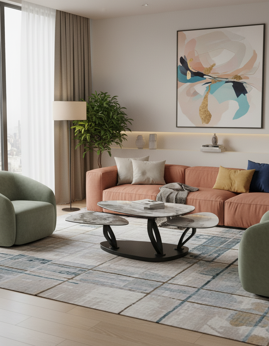 
Ausziehbarer, flexibler Design Keramik Couchtisch „Magnolias“ - Keramik Calcatta / Mit Rollen
