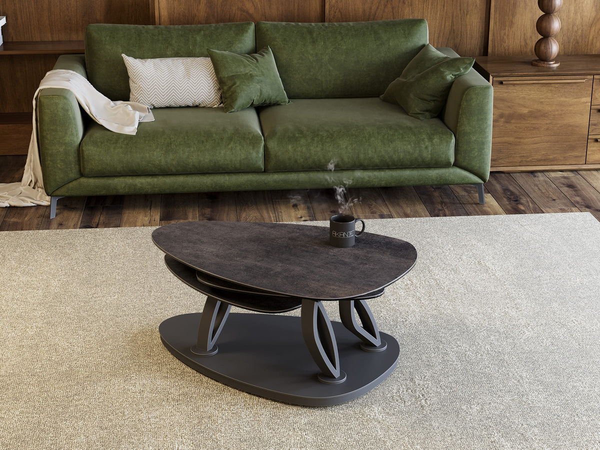 
Ausziehbarer, flexibler Design Keramik Couchtisch „Magnolias“ - Keramik Rostbraun / Mit Rollen