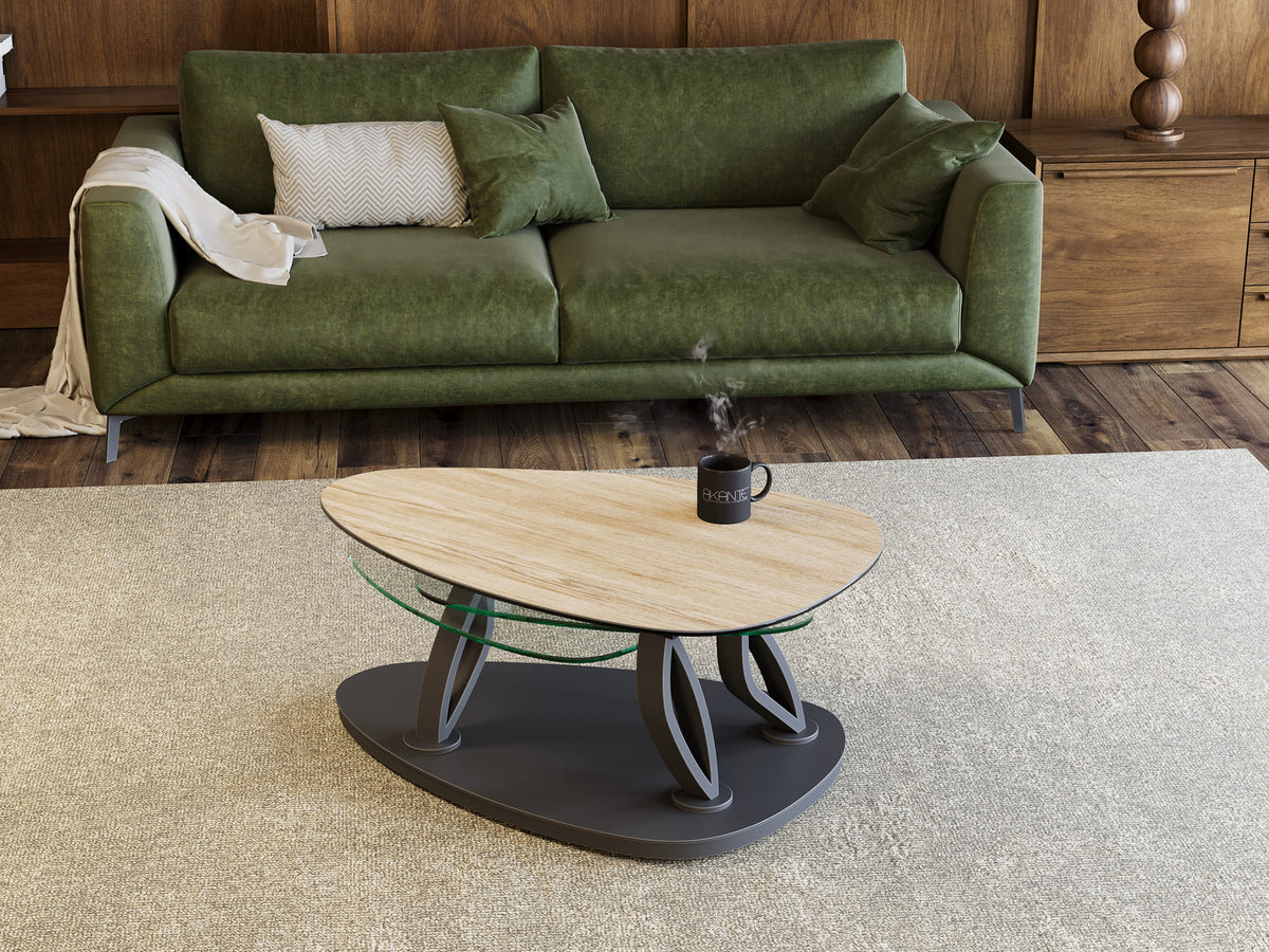 
Ausziehbarer, flexibler Design Keramik Couchtisch „Magnolias“ - Eiche hell/Transparent / Mit Rollen