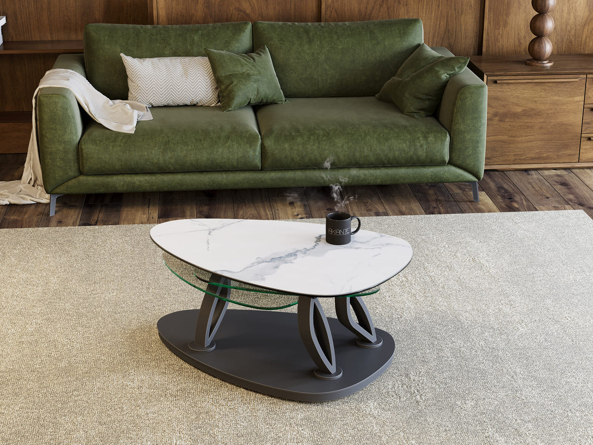 
Ausziehbarer, flexibler Design Keramik Couchtisch „Magnolias“ - Marmoroptik Weiss/Transparent / Mit Rollen