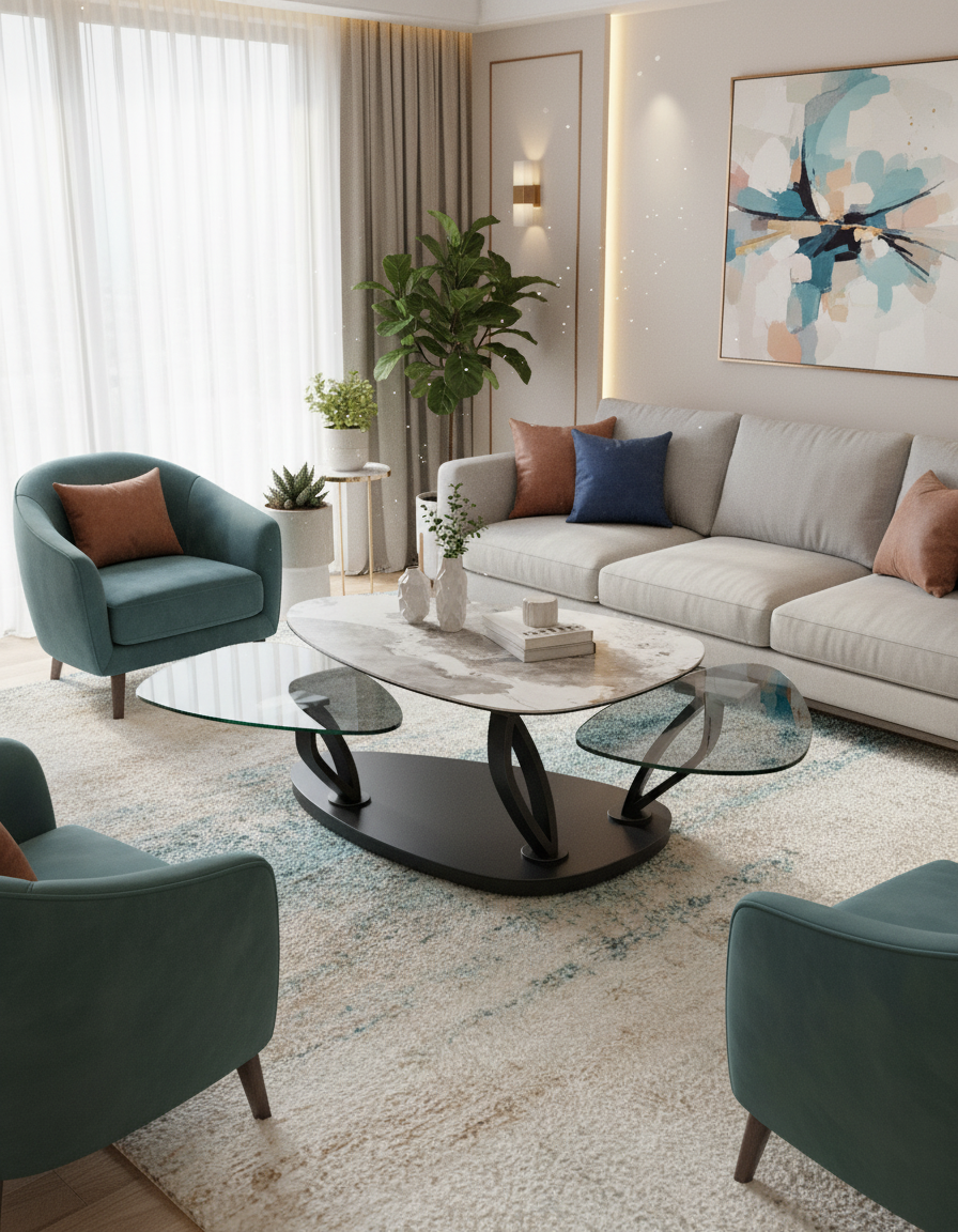 
Ausziehbarer, flexibler Design Keramik Couchtisch „Magnolias“ - Keramik Calcatta/Transparent / Mit Rollen