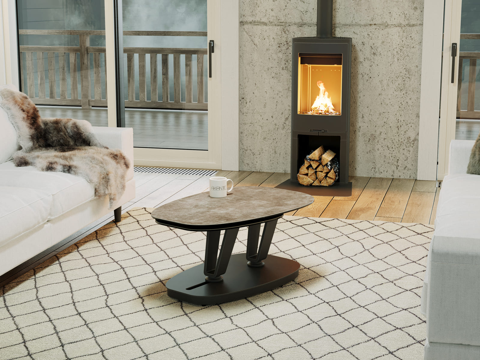 
Ausziehbarer, flexibler Design Keramik Couchtisch „Lotus“ - Keramik Zementgrau