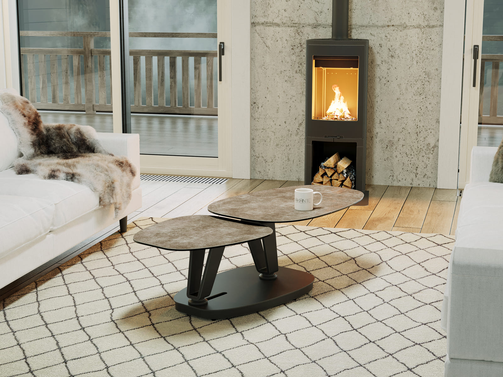 
Ausziehbarer, flexibler Design Keramik Couchtisch „Lotus“ - Keramik Zementgrau