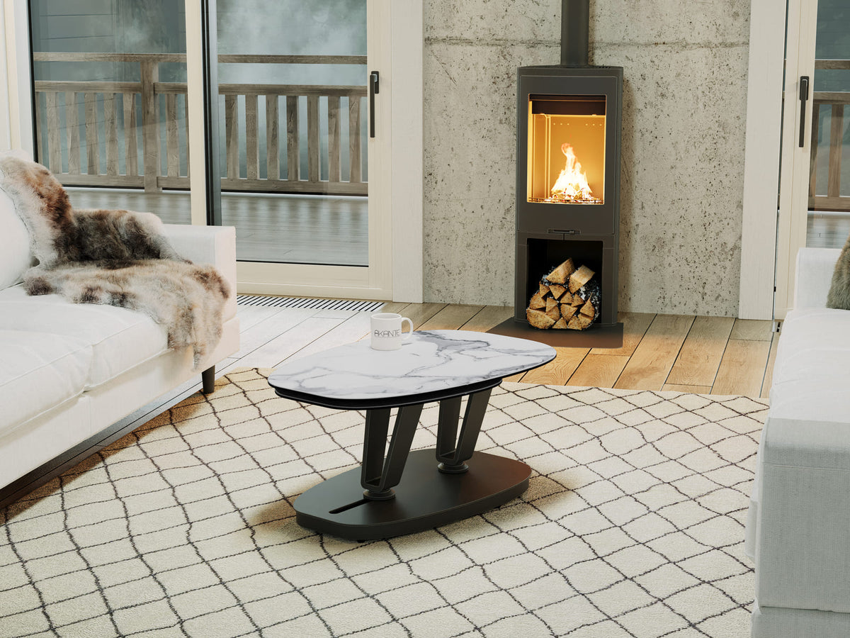 
Ausziehbarer, flexibler Design Keramik Couchtisch „Lotus“ - Marmoroptik Weiss