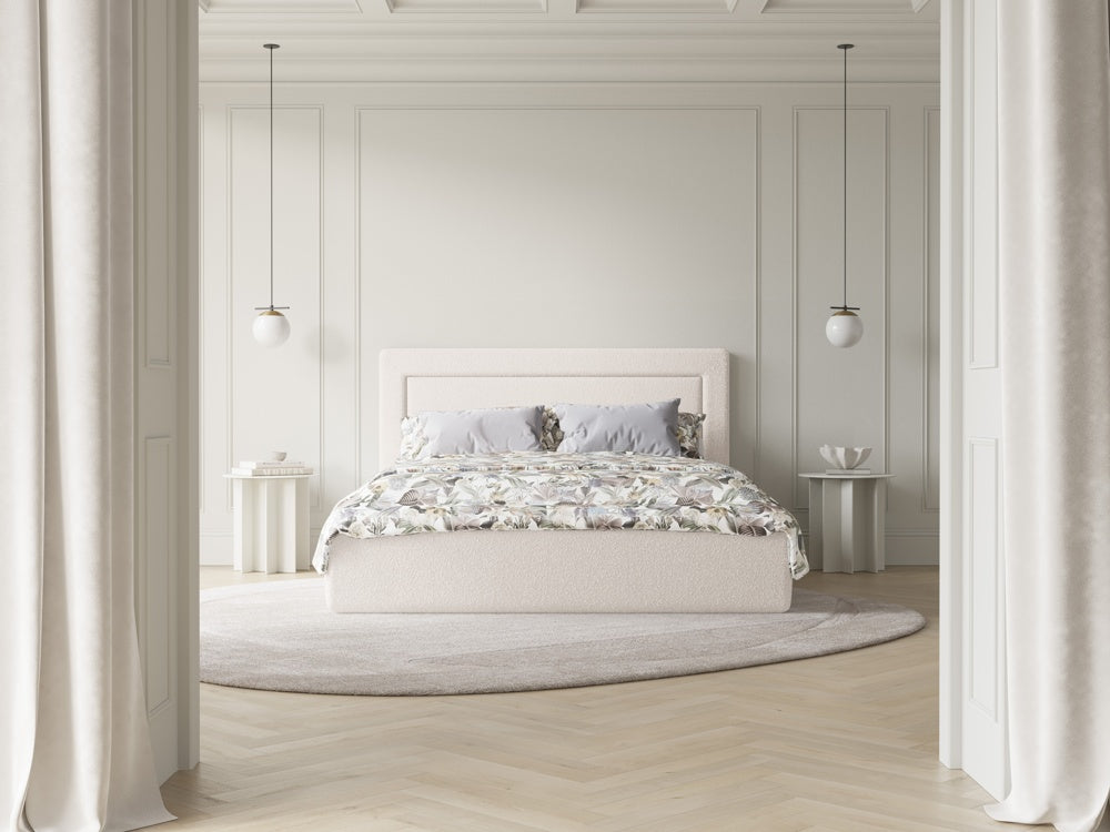 
Lit rembourré design « Valerie » avec compartiment de rangement, Bouclé blanc - 140 x 200 cm