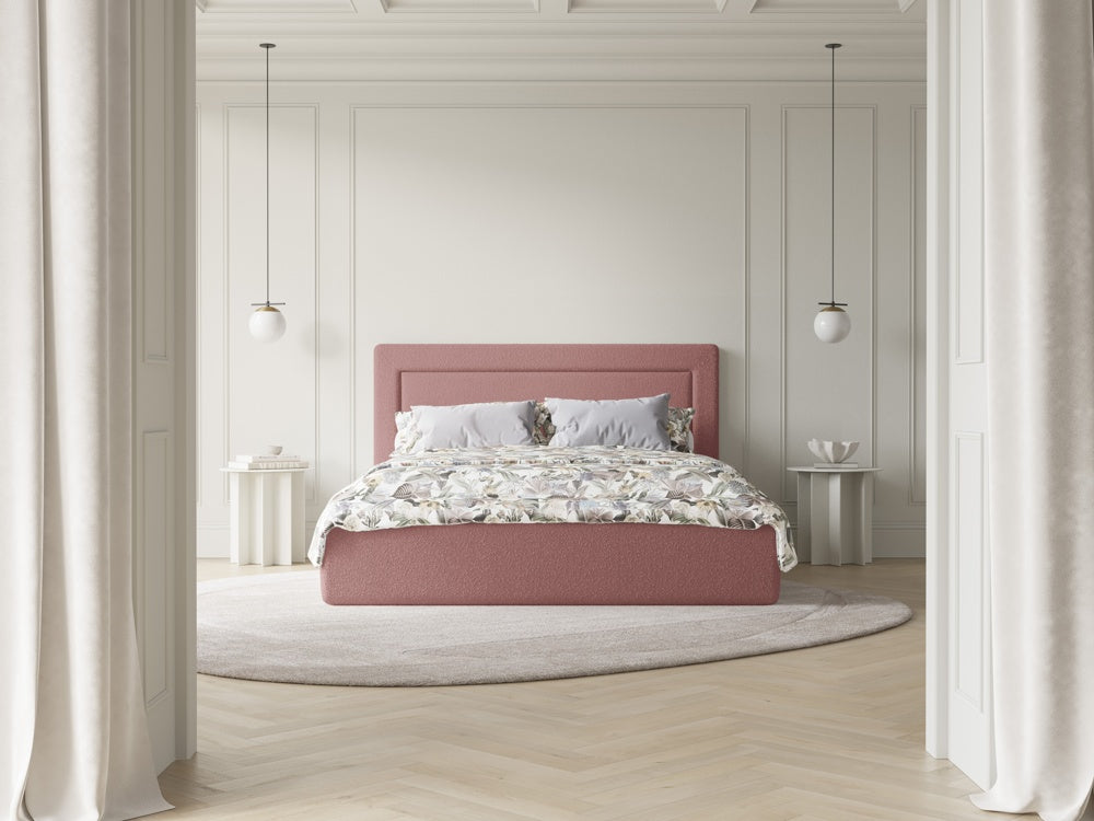 
Lit rembourré design « Valerie » avec rangement, Bouclé rose - 140 x 200 cm