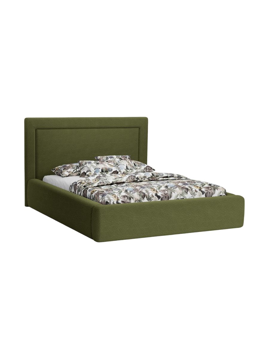 
Lit tapissier design « Valerie » avec compartiment de rangement, bouclé vert olive - 140 x 200 cm