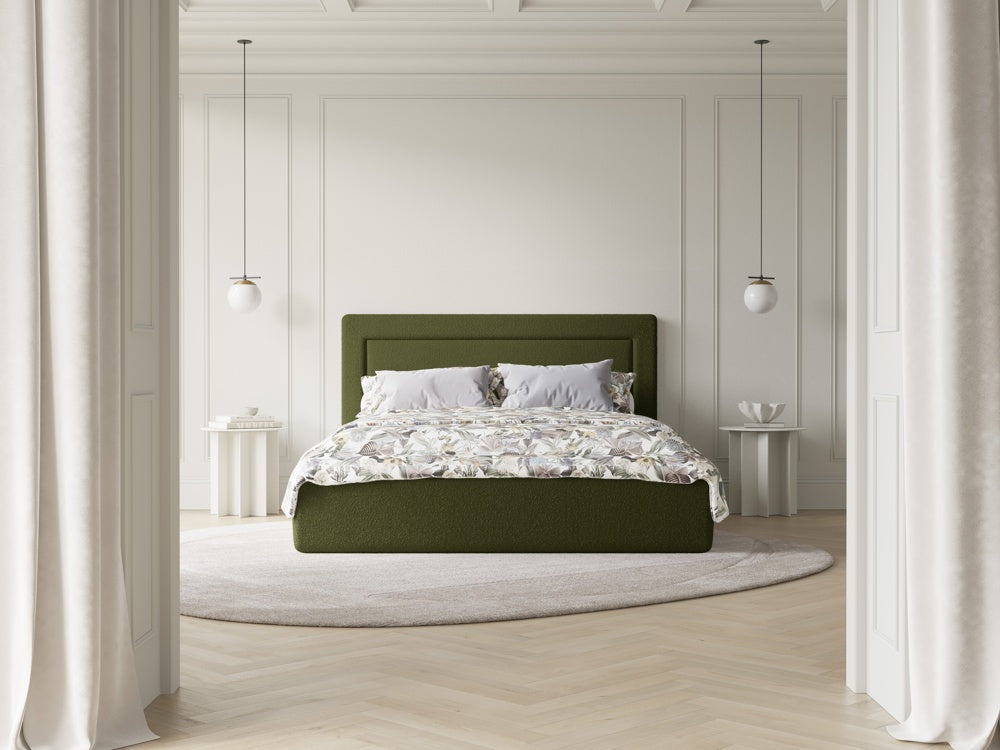 
Lit tapissier design « Valerie » avec compartiment de rangement, bouclé vert olive - 140 x 200 cm