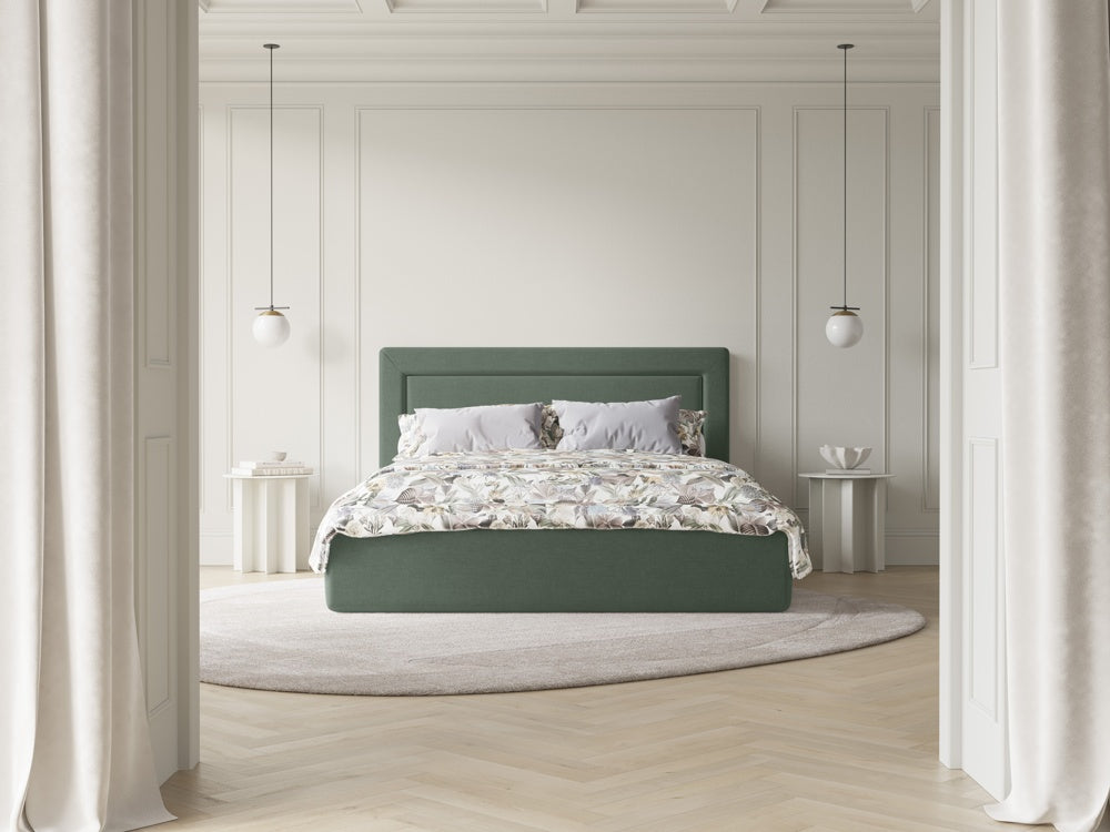 
Lit rembourré design « Valerie » avec compartiment de rangement, tissu structuré vert mousse - 140 x 200 cm