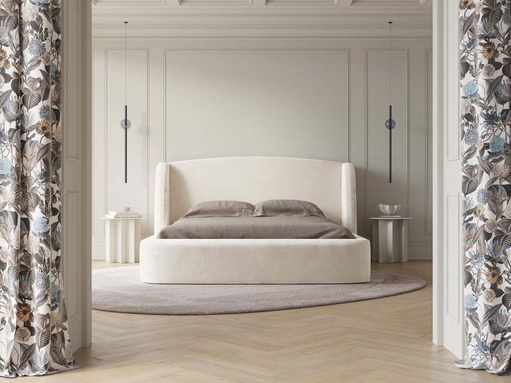 
Lit rembourré design « Aude » avec compartiment de rangement, velours beige clair - 140 x 200 cm