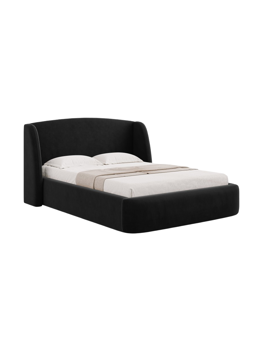 
Lit rembourré design « Aude » avec espace de rangement, velours noir - 140 x 200 cm