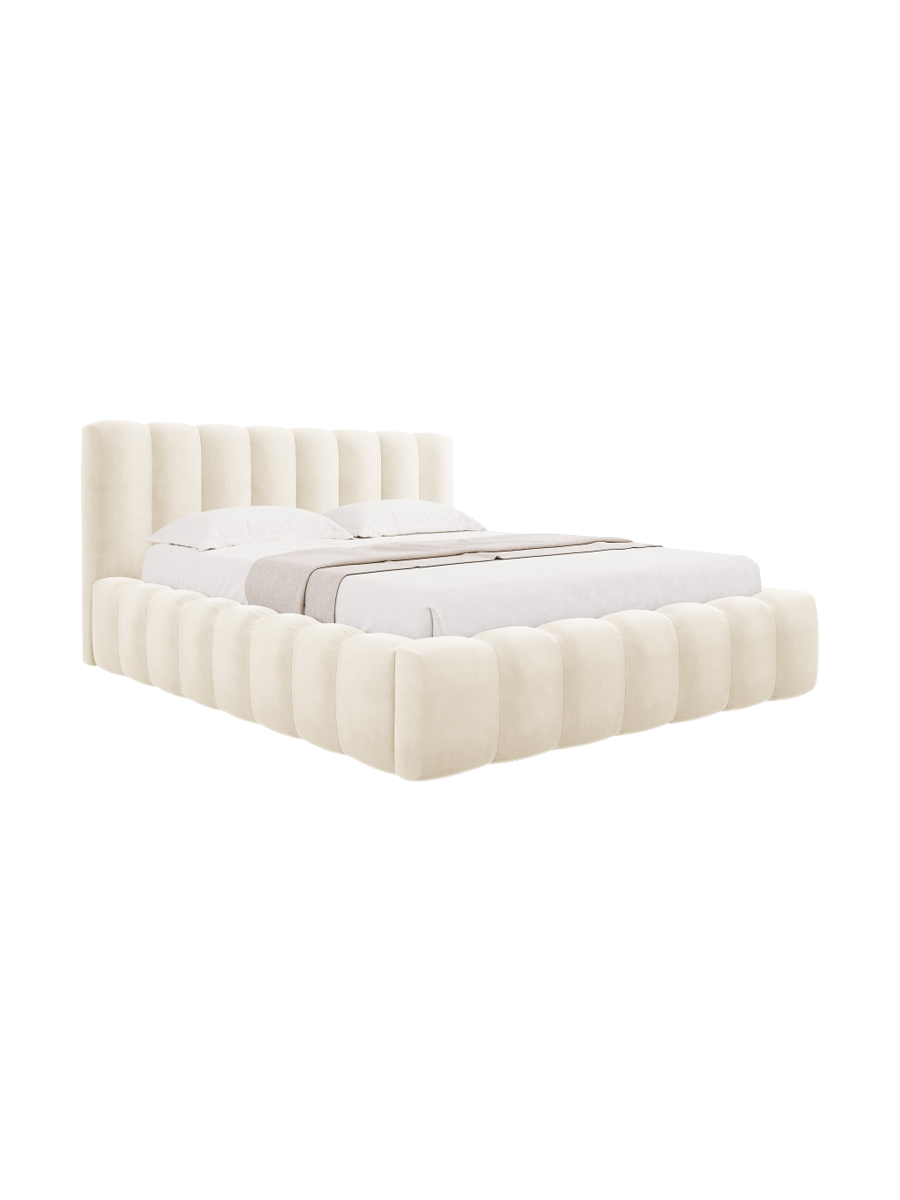 
Lit rembourré design « Ludivine » avec compartiment de rangement, velours beige clair - 140 x 200 cm