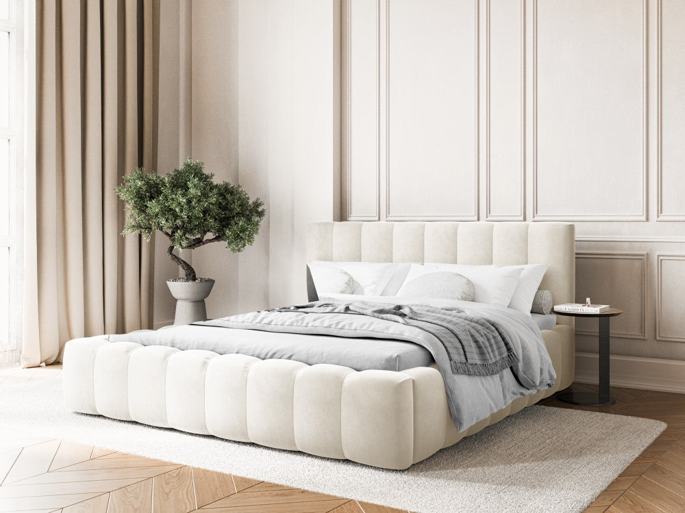 
Lit rembourré design « Ludivine » avec compartiment de rangement, velours beige clair - 140 x 200 cm