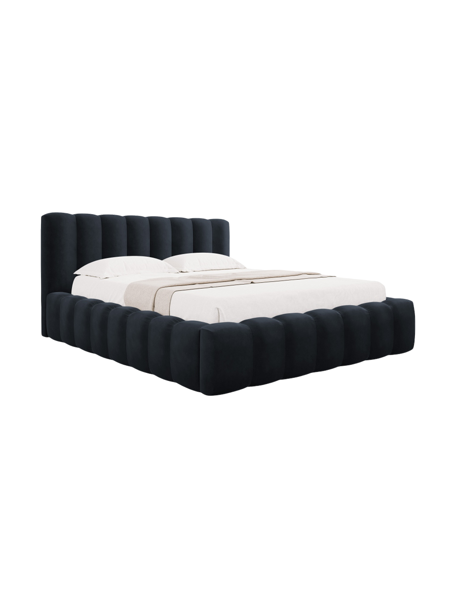 
Lit rembourré design « Ludivine » avec compartiment de rangement, velours bleu foncé - 140 x 200 cm