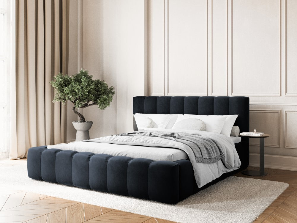 
Lit rembourré design « Ludivine » avec compartiment de rangement, velours bleu foncé - 140 x 200 cm