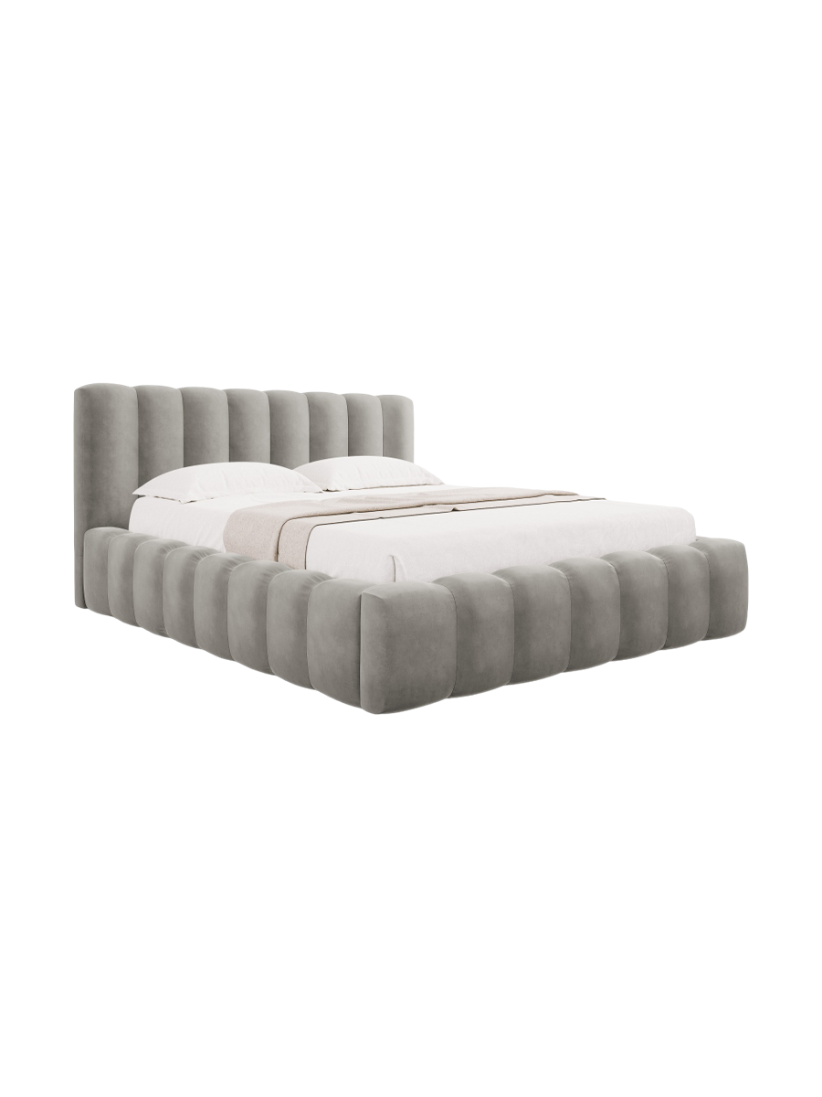 
Lit rembourré design « Ludivine » avec vide-poches, velours gris clair - 140 x 200 cm