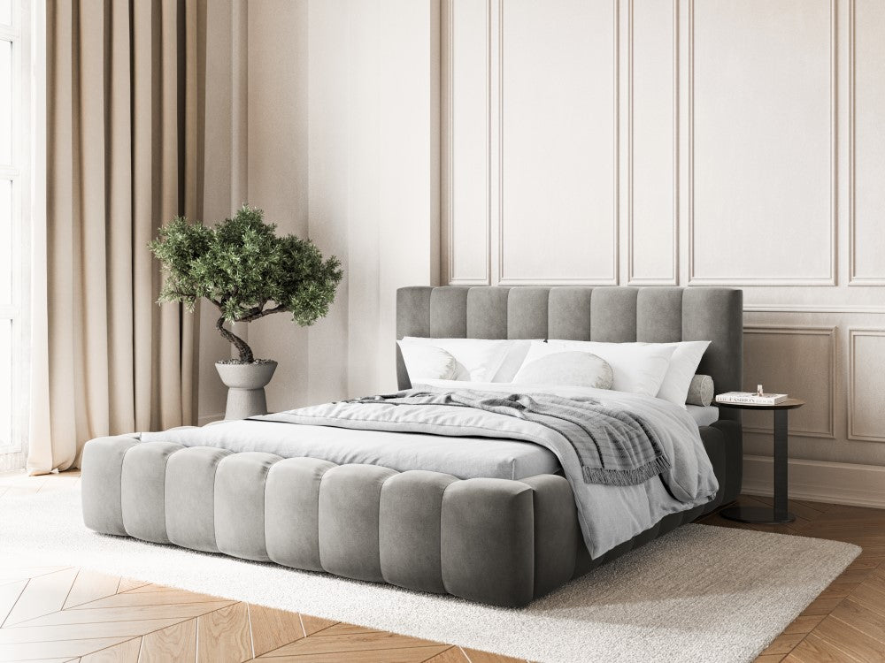 
Lit rembourré design « Ludivine » avec vide-poches, velours gris clair - 140 x 200 cm