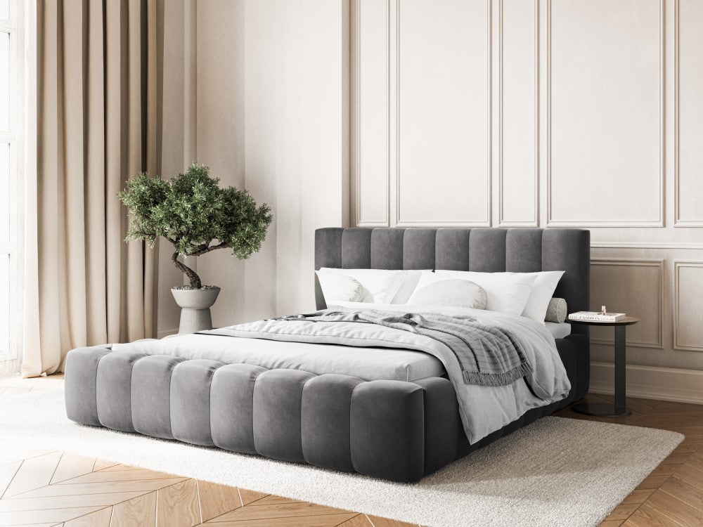 
Lit rembourré design « Ludivine » avec compartiment de rangement, velours gris - 140 x 200 cm
