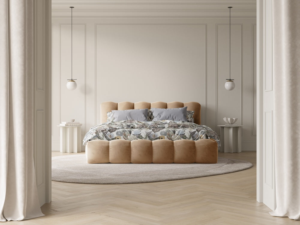 
"Cameron" upholstered design bed with storage compartment, velvet sand - 140 x 200 cm