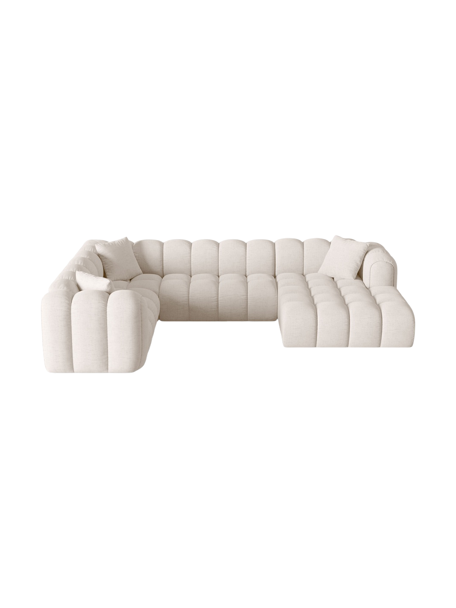 
Canapé panoramique design 6 places « Elise » - Tissu texturé beige / long côté gauche