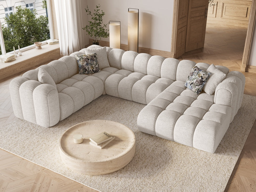 
Canapé panoramique design 6 places « Elise » - Tissu texturé beige / long côté gauche