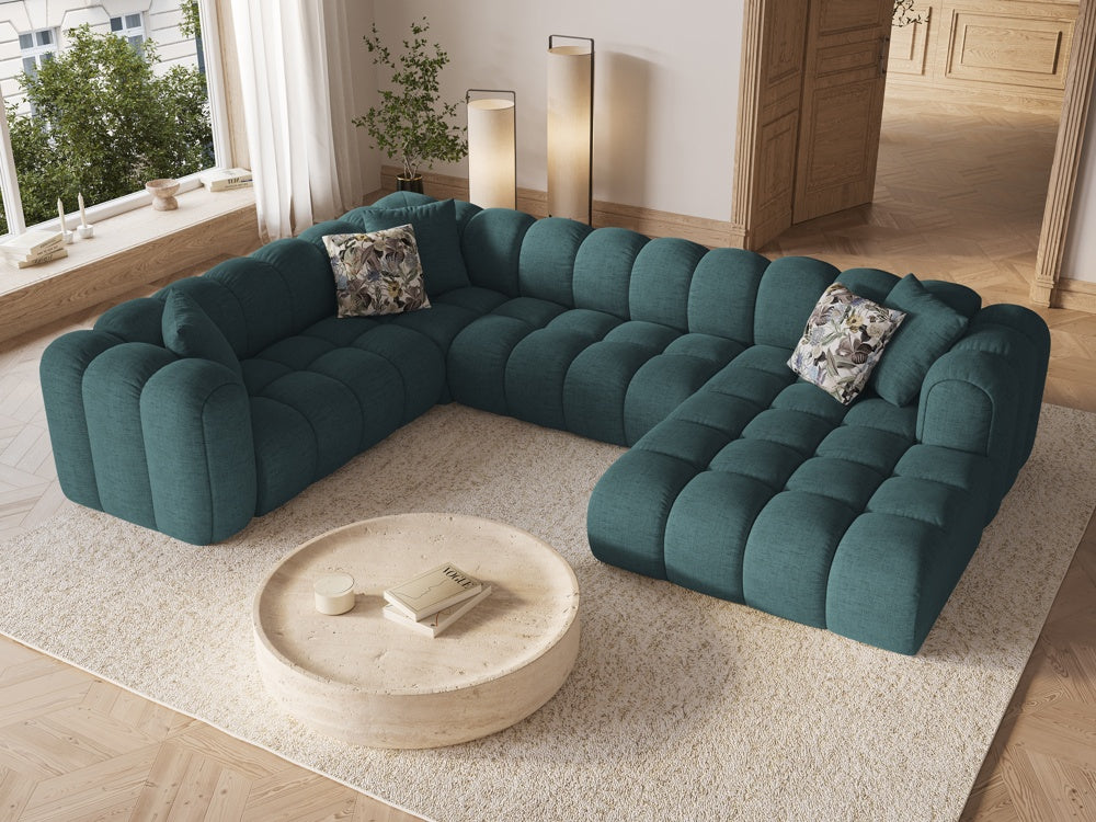 
Canapé panoramique design 6 places « Elise » - Tissu structurel turquoise / long côté gauche