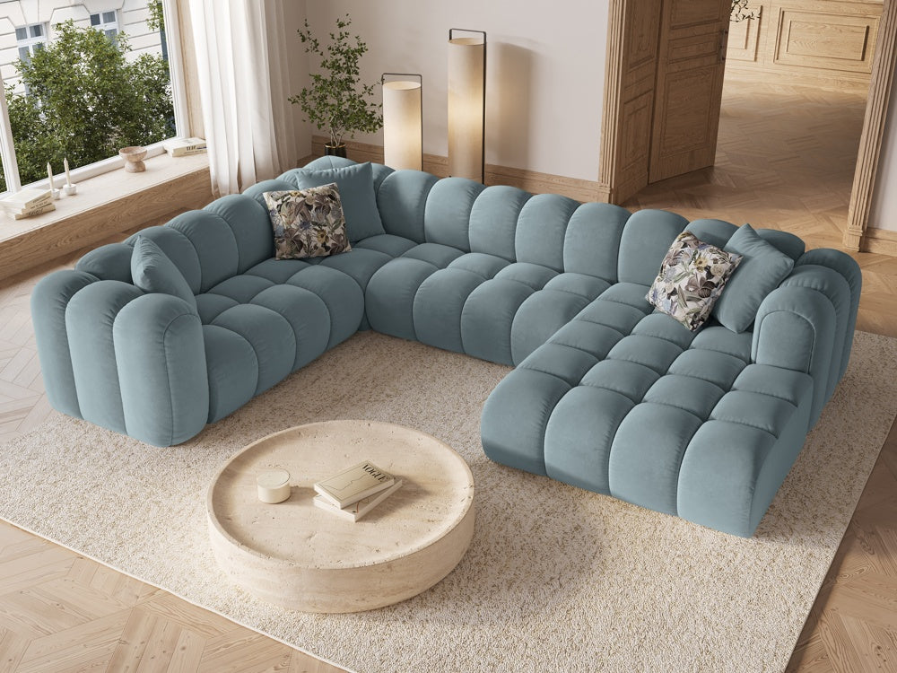 
Canapé panoramique design 6 places « Elise » - Velours bleu clair / long côté gauche