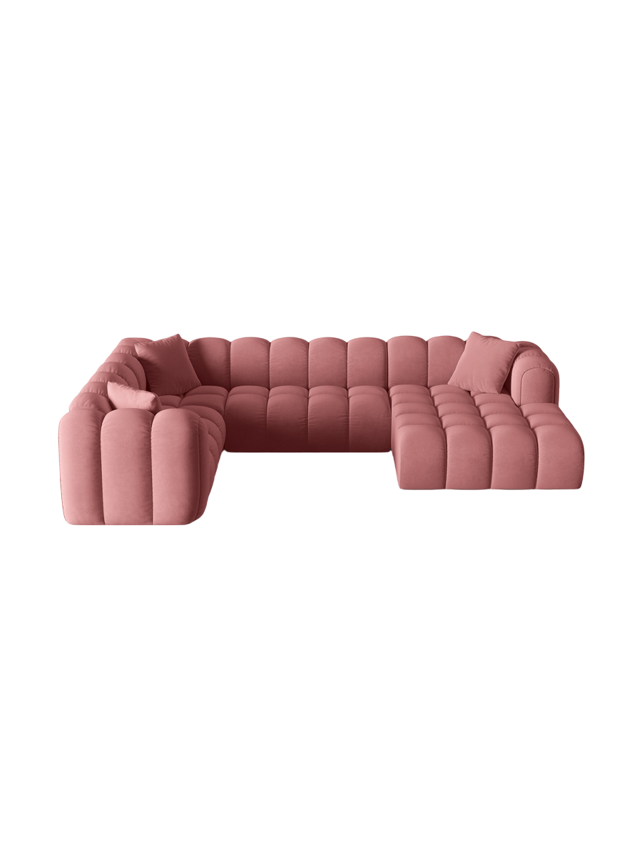 
Canapé panoramique design 6 places « Elise » - Velours Flamingo rose / long côté gauche
