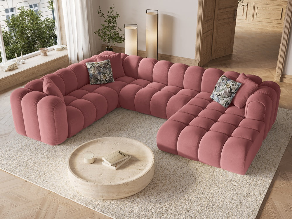 
Canapé panoramique design 6 places « Elise » - Velours Flamingo rose / long côté gauche