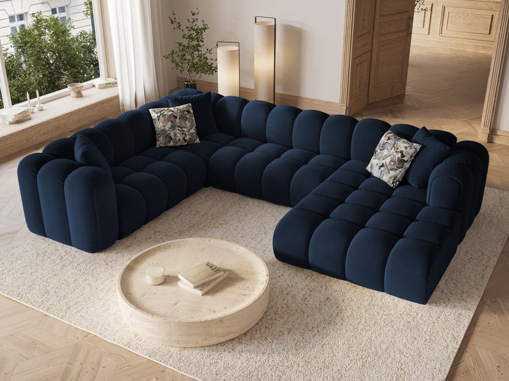 
Canapé panoramique design 6 places « Elise » - Velours bleu roi / long côté gauche