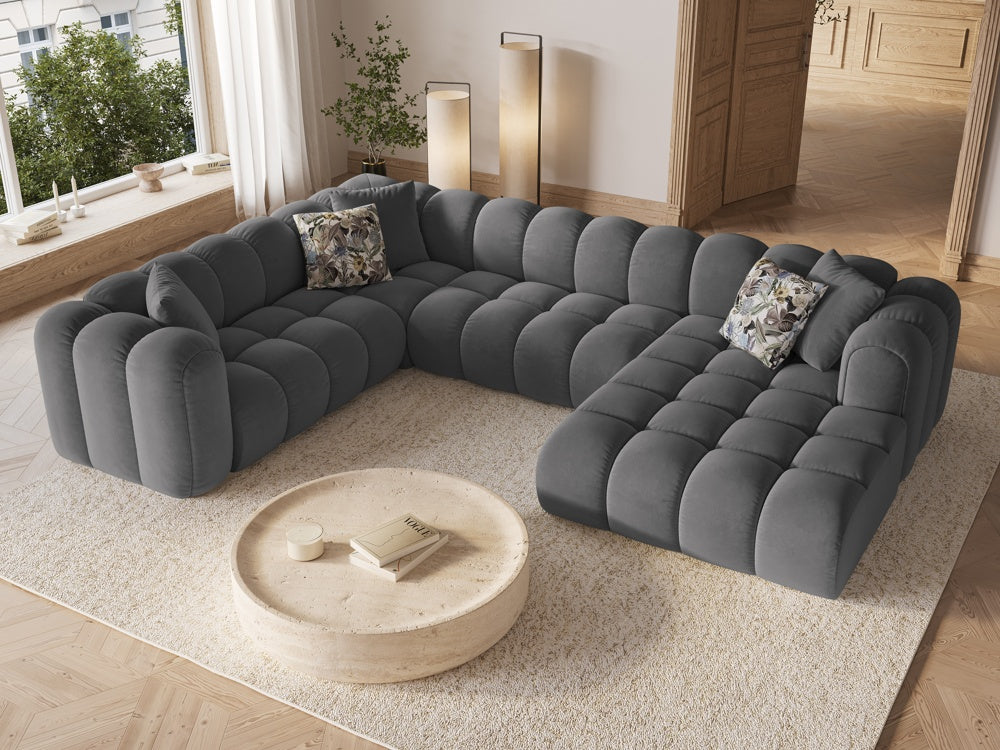 
Canapé panoramique design 6 places « Elise » - Velours gris chaud / long côté gauche