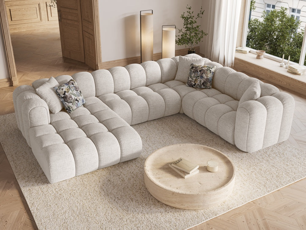 
Canapé panoramique design 6 places « Elise » - Tissu texturé beige / Côté long à droite