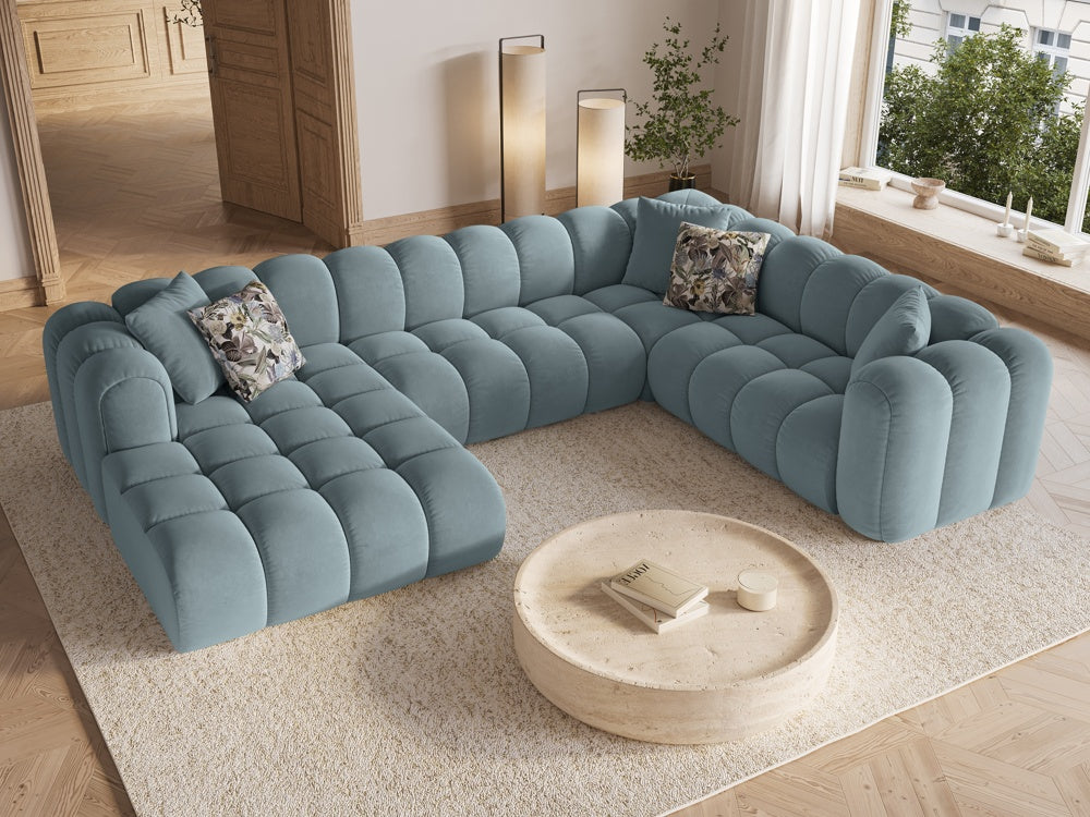 
Canapé panoramique design 6 places « Elise » - Velours bleu clair / Côté long à droite