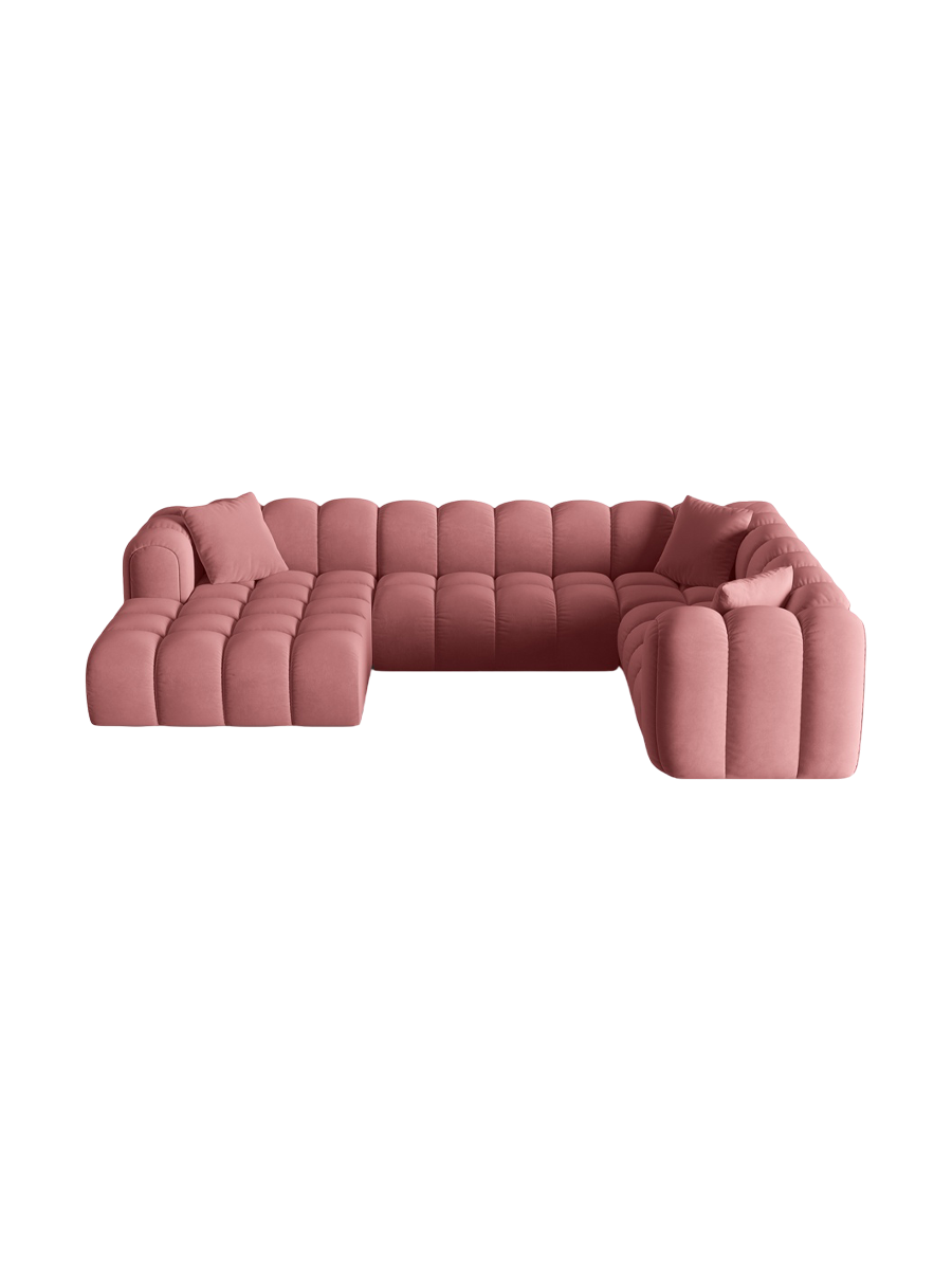 
Canapé panoramique design 6 places « Elise » - Velours Flamingo rose / Côté long à droite