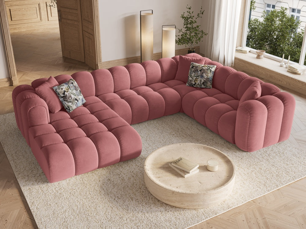 
Canapé panoramique design 6 places « Elise » - Velours Flamingo rose / Côté long à droite