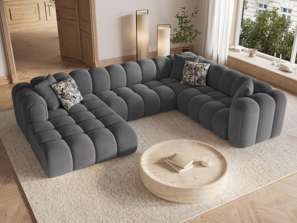 
Canapé panoramique design 6 places « Elise » - Velours gris chaud / Côté long à droite