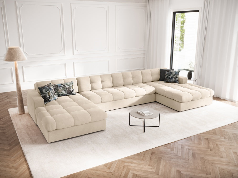 
5-Seater Designer Panorama Sofa "Yohan" - Light Beige Velvet