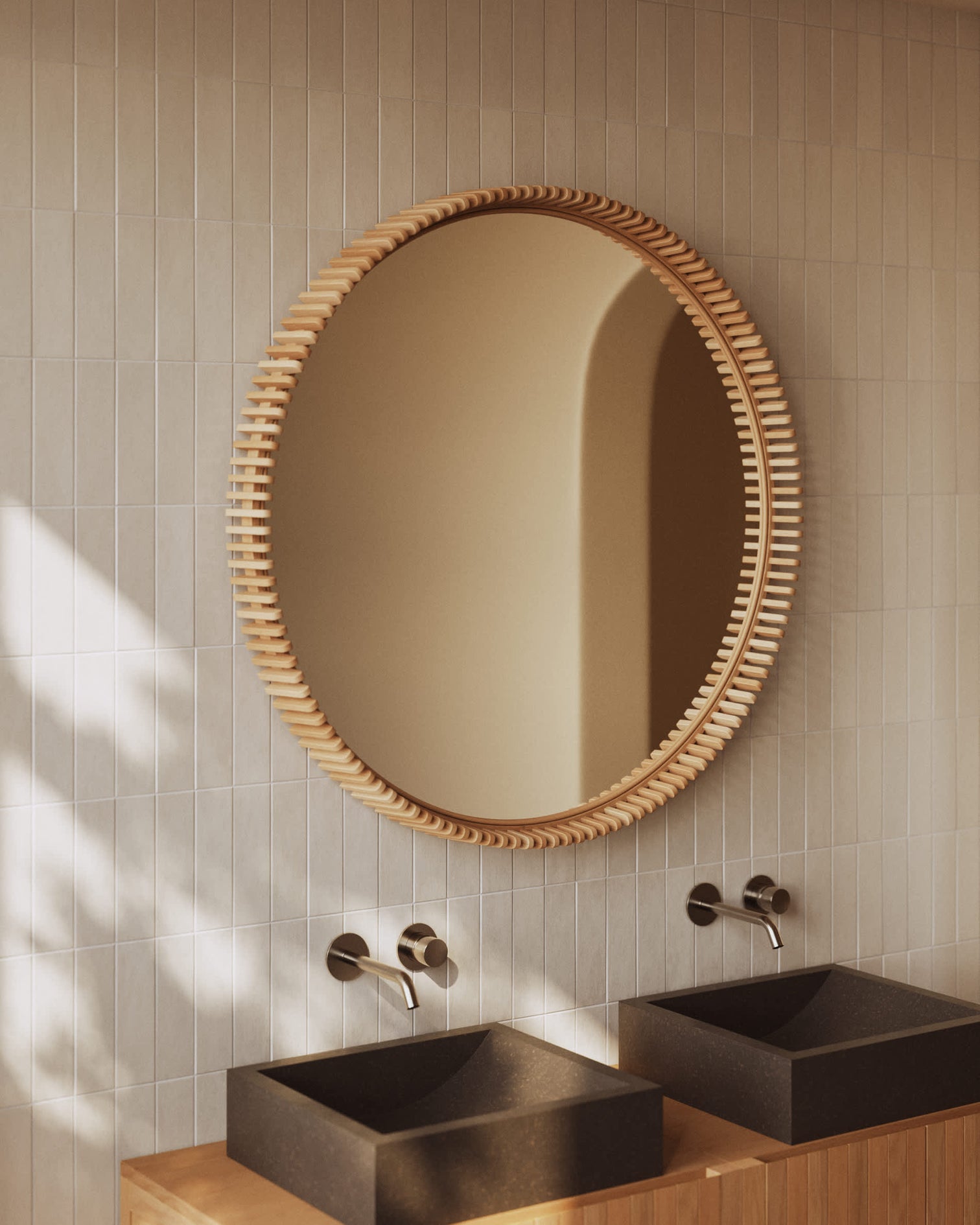 
Miroir mural design « Polko » avec cadre en teck massif - Ø 100 cm