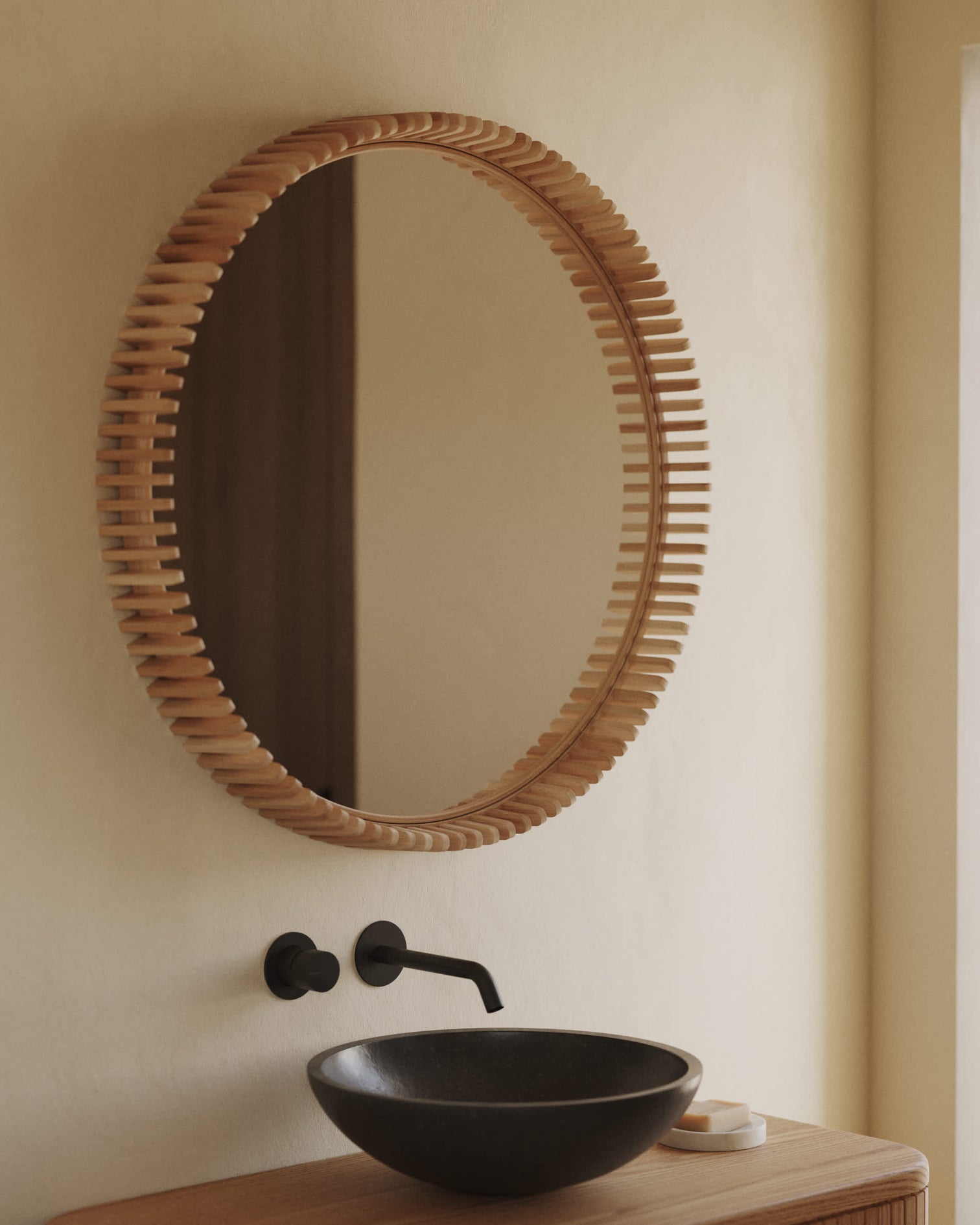 
Miroir mural design « Polko » avec cadre en teck massif - Ø 80 cm