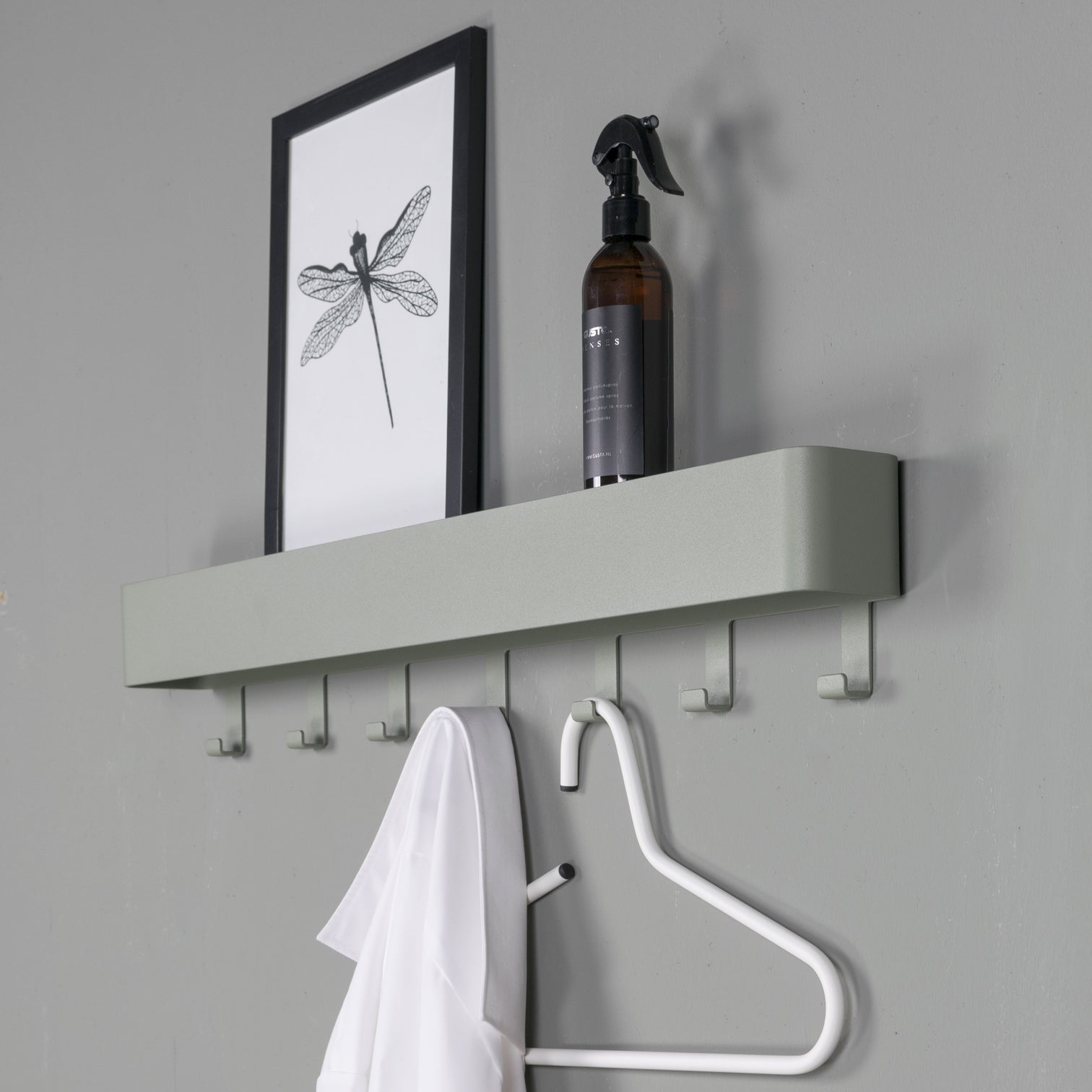 
"Dax Play 7" Wall-Mounted Coat Rack with Storage Shelf - Dusty Green