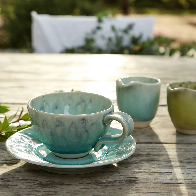 
Handgefertigte Tee- & Kaffeetasse „Madeira“ mit Untersetzer - Blau