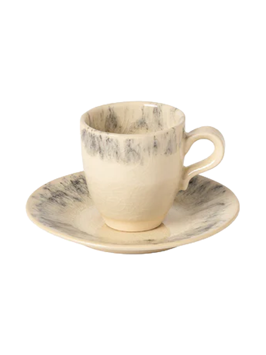 
Handgefertigter Espressotasse „Madeira“ mit Untersetzer - Cream